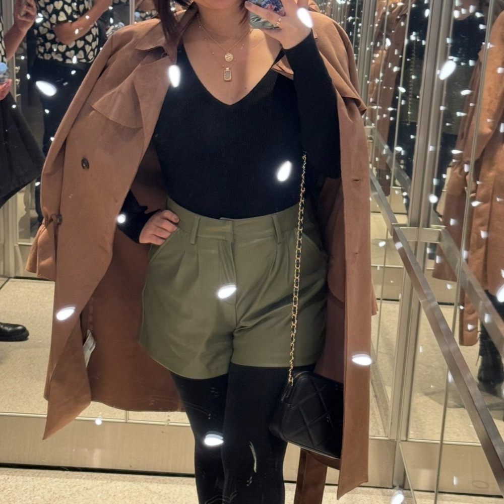F21 Olive Green High Waist Faux Leather Shorts - Size L